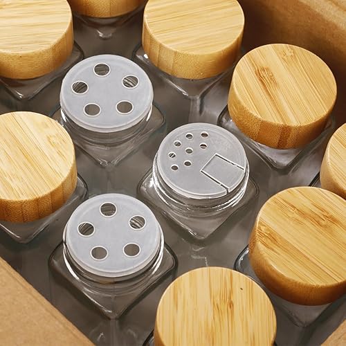 Miniatura 6 de Hoidokly Tarros de especias con etiqueta y organizador, 24 tarros de especias de vidrio con tapas de bambú, recipientes de especias de vidrio de 4