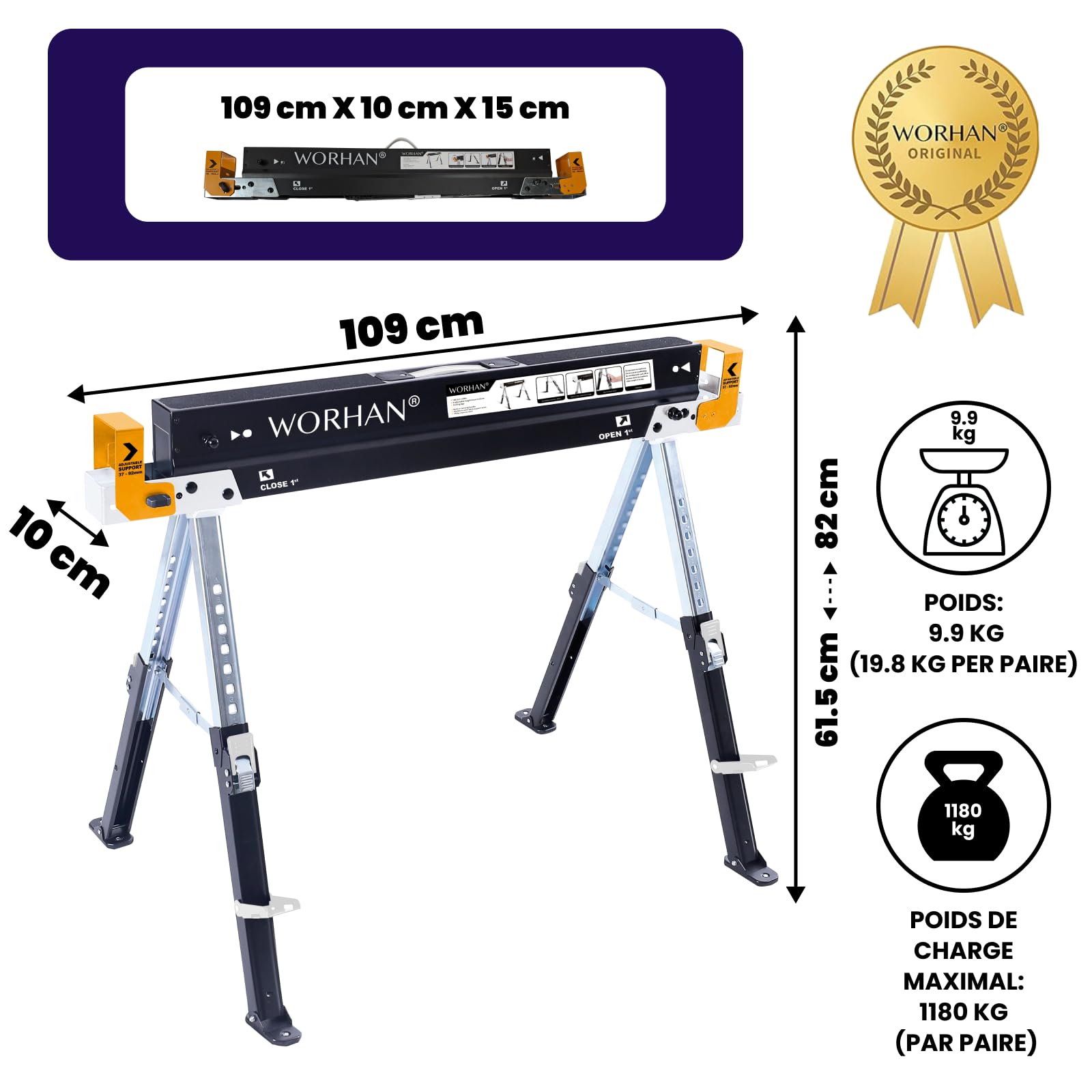 Tréteaux Paire Robuste Stable (set de 2) Pieds Antidérapants Ajustables Réglage Rapide Chavalet Sciage Pliants Etablis Acier Galvanisé S600A