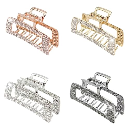 WORTL Pinzas grandes de metal cuadradas de 3.5 pulgadas, paquete de 4 abrazaderas de pelo con diamantes de imitación para mujeres y más delgadas,