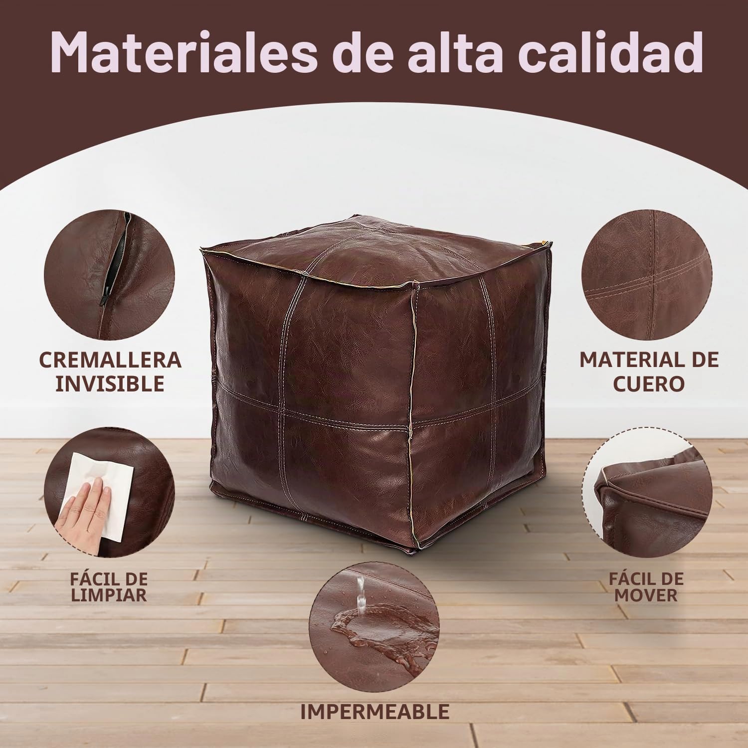 Louis Donne - Puf cuadrado de cuero sólido para sala de estar, puf cuadrado de algodón suave, solución de almacenamiento, reposapiés de pie, oficina al aire libre, marrón - 45 x 45 x 45 pulgadas
