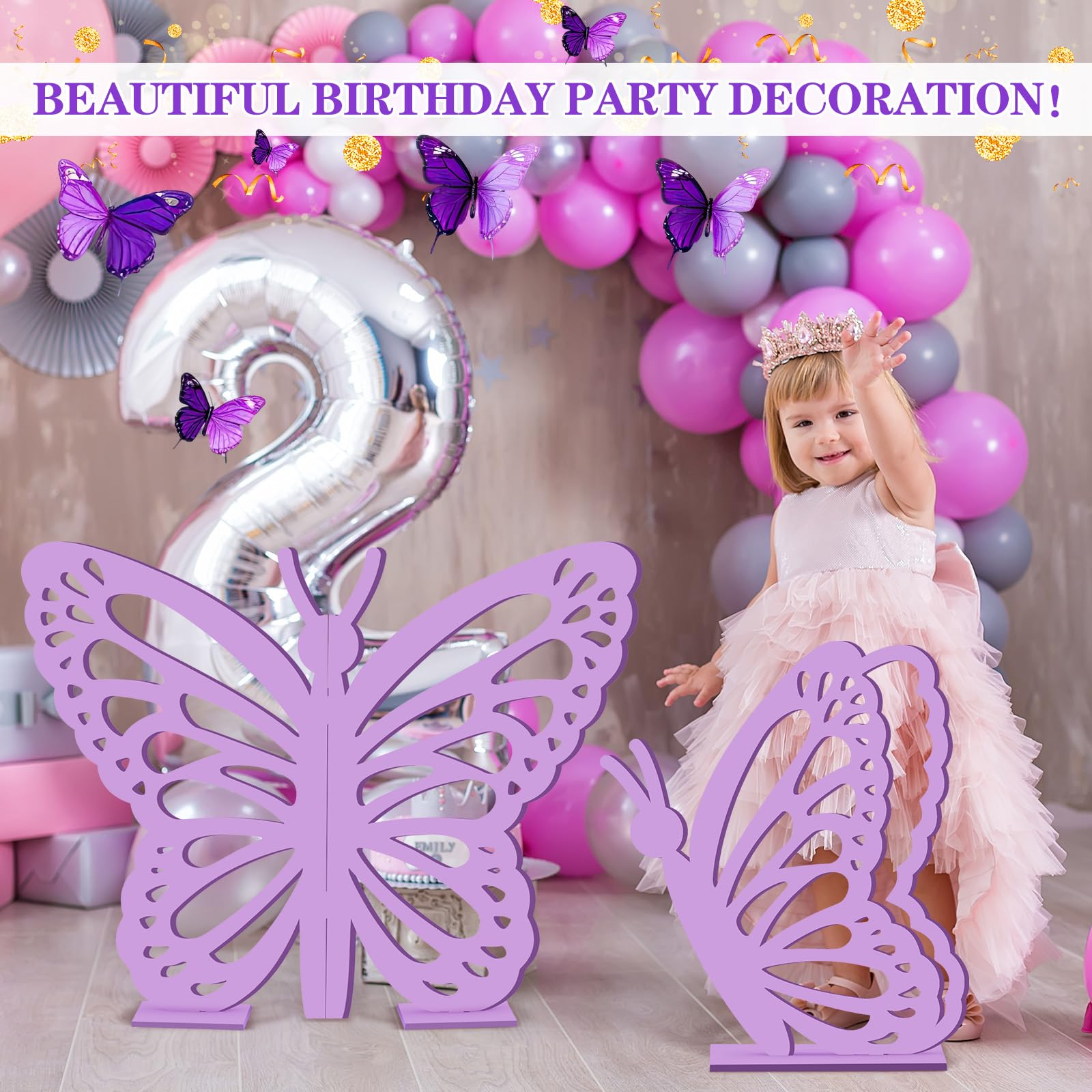 Yousoontic 2 Stück große Holz-Schmetterlingsrequisiten 50,8 cm und 44,1 cm Schmetterling stehende Flügel Ausschnitt Hintergrund Dekoration für Geburtstag Babyparty Hochzeit Party (lila)