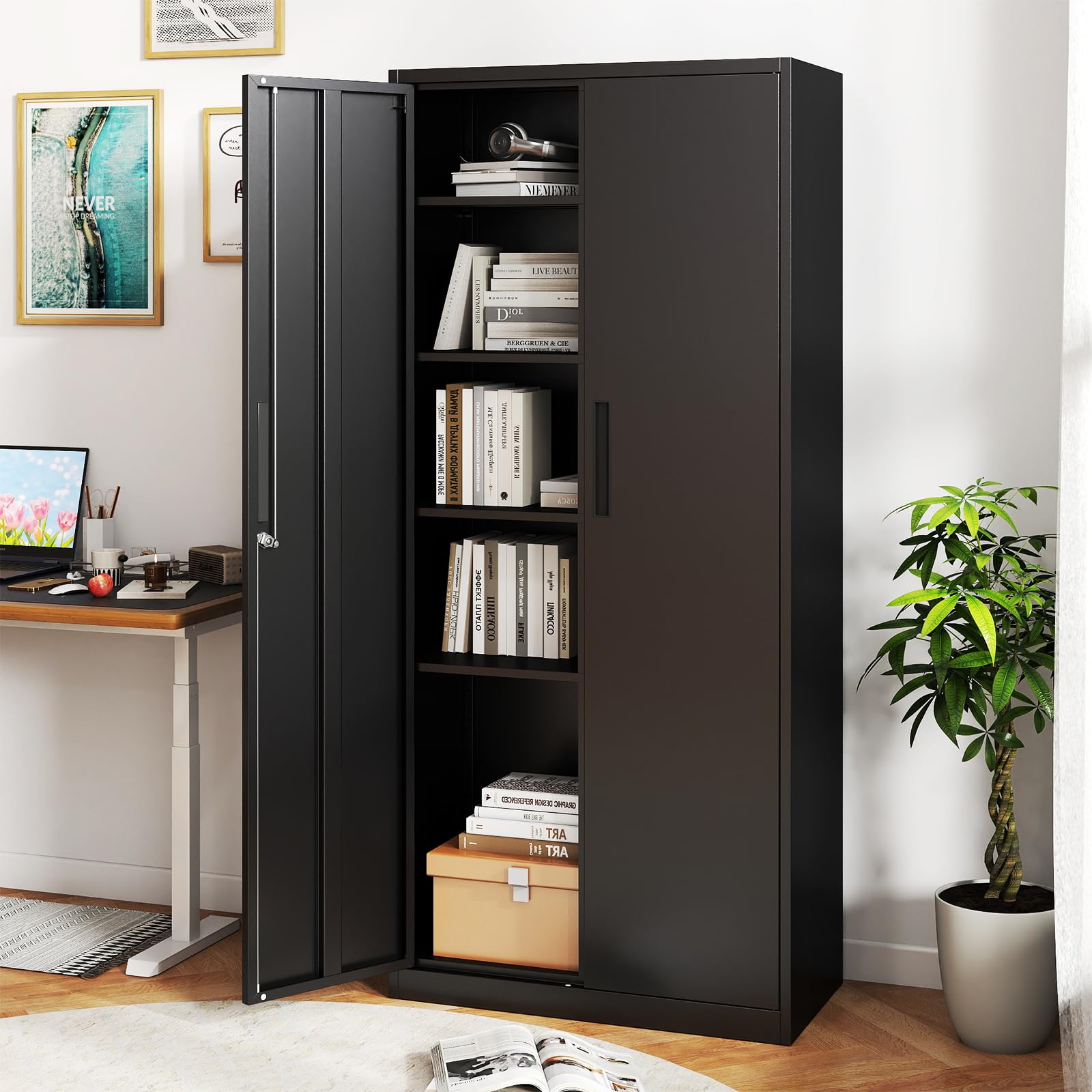 COSTWAY Aktenschrank abschließbar, 180 cm Metallschrank mit Doppeltür & 4 verstellbaren Regalen, Büroschrank Stahl, Mehrzweckschrank Werkstattschrank für Büro, Wohnzimmer, Garage, Schwarz