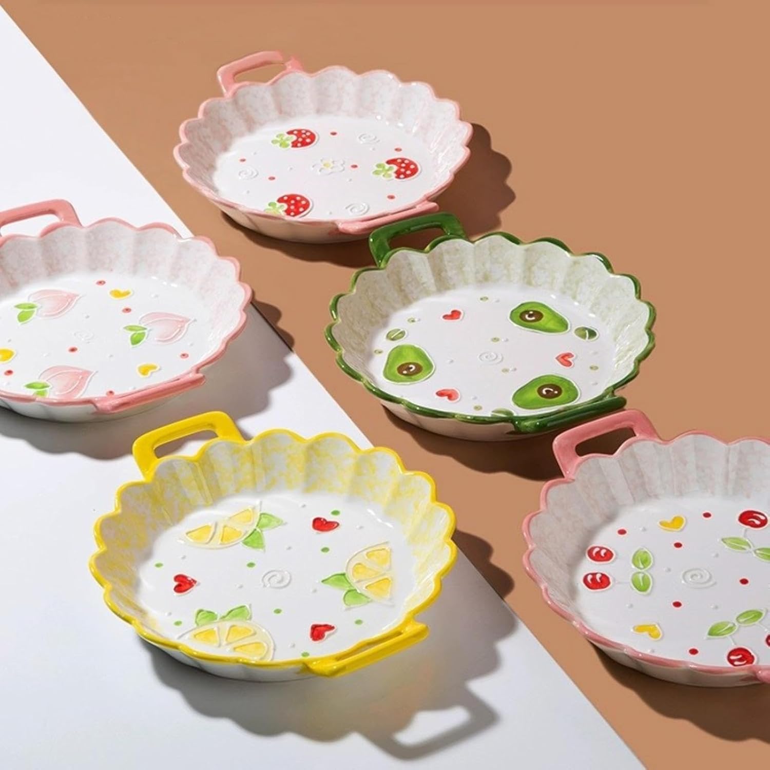 Dessert Plates Ceramic,8.5 Inch Dining Plates,Porcelain Salad Plate with Handle,Ceramic Fruit Pattern Dinner Plate Set of 4,for Appetizer,Steak,Fruit,Microwave Oven Dishwasher Safe