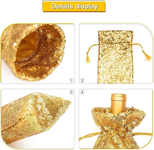 Miniatura 7 de Eternal Beauty 4 bolsas de regalo de vino con cordón, bolsa de regalo de botella de vino de lentejuelas para bodas de cumpleaños (14 x 6 pulgadas,