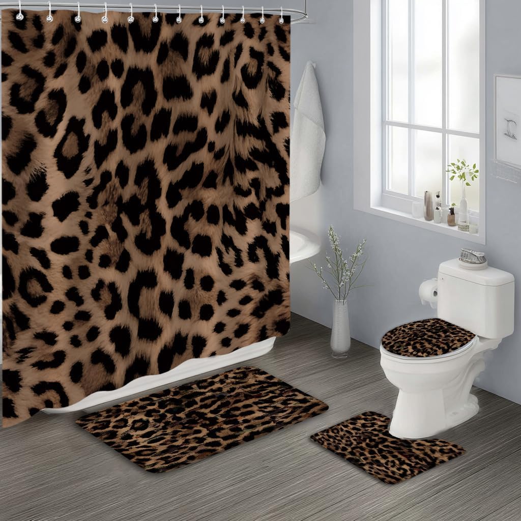 Sexy Leopard Print Shower Curtain Sets，Wild Animal Cheetah Print Brown Fur Bathroom Decor with Non-Slip Rug Toilet Lid Cover and Bath Mat，Waterproof Bathroom Accessory Set 12 Hook 72x72 Inc