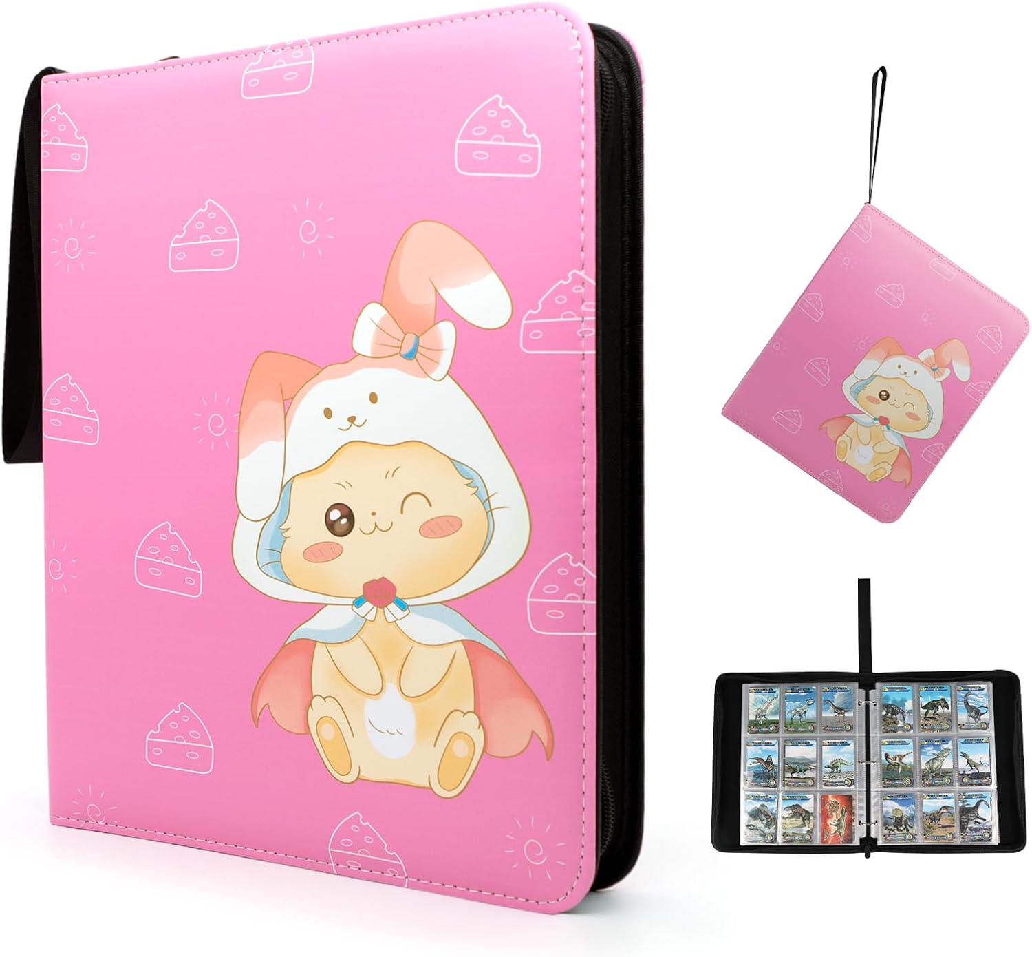 9 Pocket Card Binder - Premium Zip Trading Card Binder - 900 Double Sided Pocket PU Collection Binder - Gift for Girls (Pink Kitten 9-Pocket)