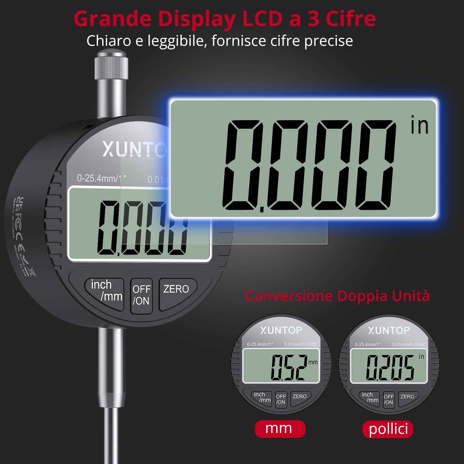 XUNTOP Comparatore digitale Comparatore Digitale Comparatore Quadrante Digital Dial Indicator - Base Magnetica 80KG Supporto Magnetico Braccio Articolato Flessibile Kit Comparatore Precisione 0.01mm