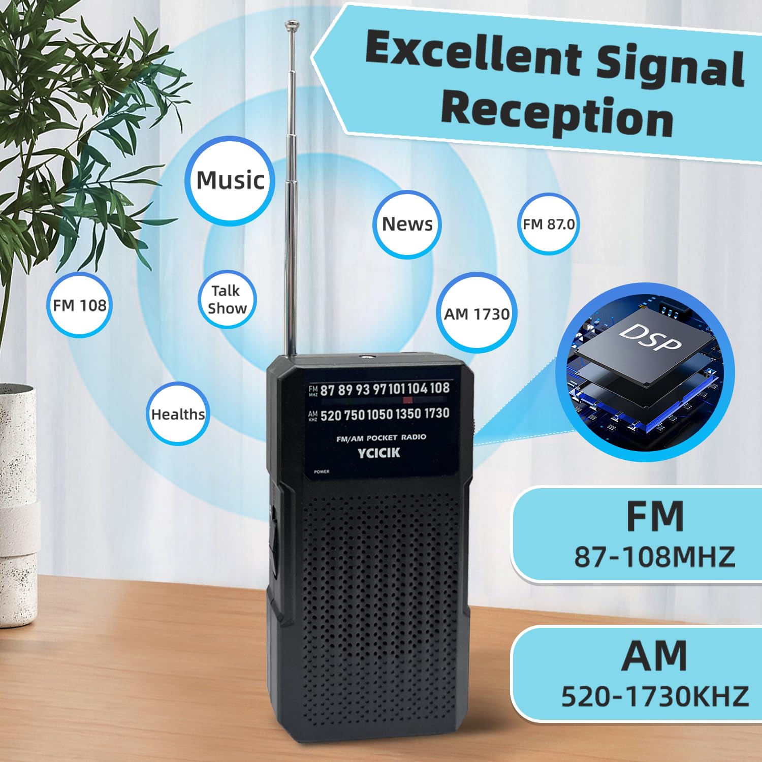 Radio AM FM portátil, funciona con pilas, color negro