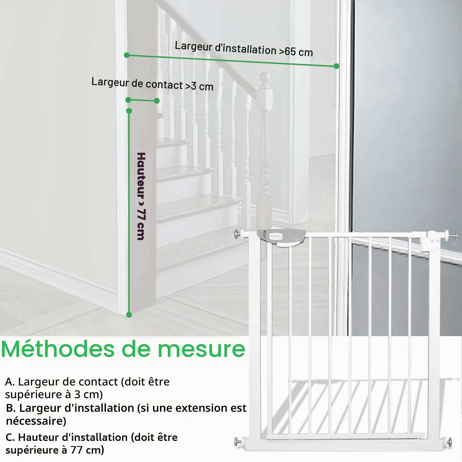 XMTECH Grille de porte, sans perçage, convient aux enfants de 105 à 115 cm, auto-fermée, barrière de sécurité pour porte et escalier, avec montage sous pression, ouverture à 180 °