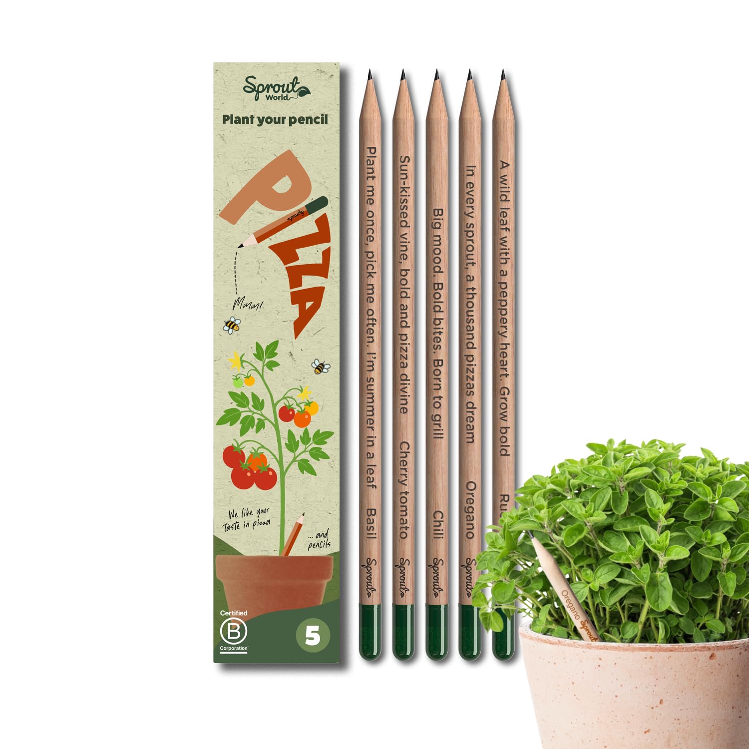 Sprout World Bleistifte | Pizza Edition | Pflanzbare Bleistifte mit Kräuter- und Gemüsesamen (Chili, Basilikum, Oregano, Rucola und Cherrytomate) | 5er-Pack | Nachhaltiges Geschenk für Pizzaliebhaber