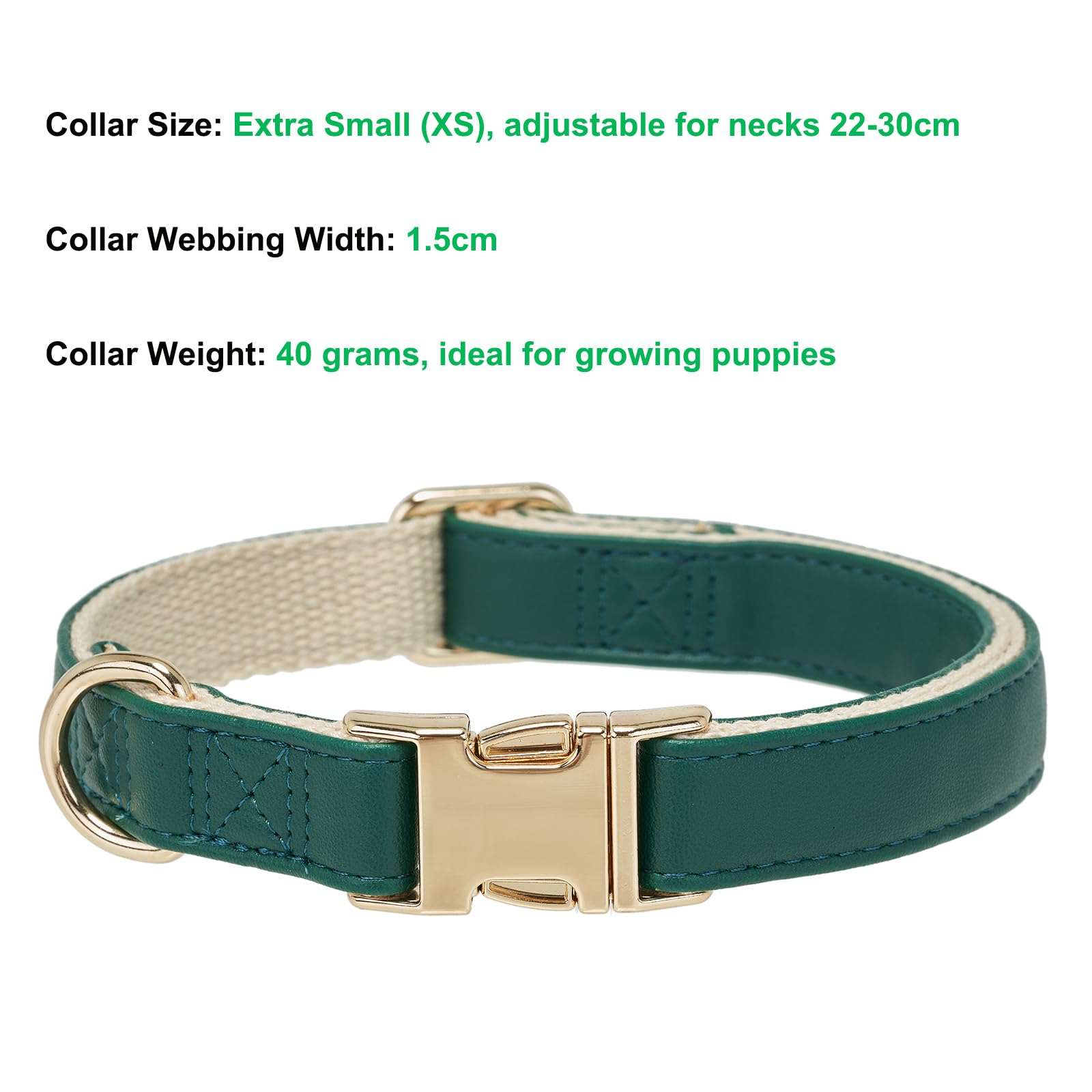 YUDOTE Soft Leather Dog Collars with Safety Quick Release Metal Buckle,Natural Cotton Padded Pleather Collar for Puppies with Senstive Skin,Green - Image 3