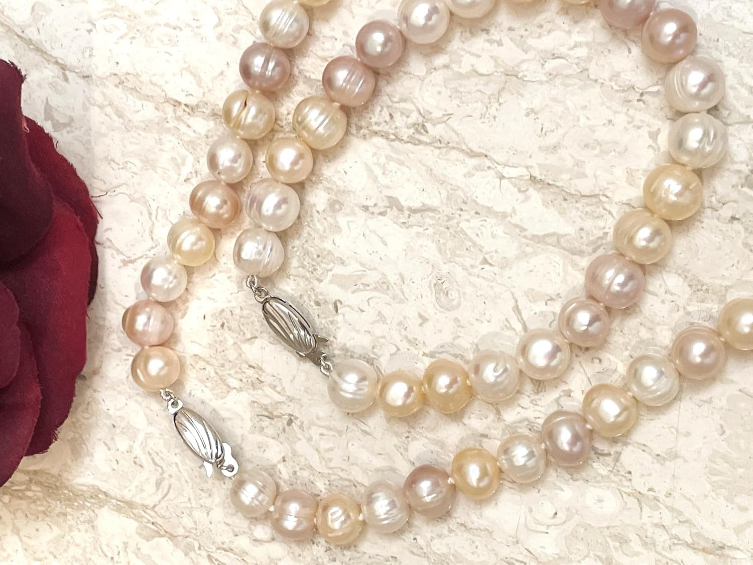 Japanese Pearls Pierre Lorren SOLID Silver 925 Lusterous AAA Grade Natural Freshwater Pearl Jewelry SET Baroque HANDMADE Silk strung for her Birthday (Natural Freshwater Pearl Necklace Bracelet) - Image 3