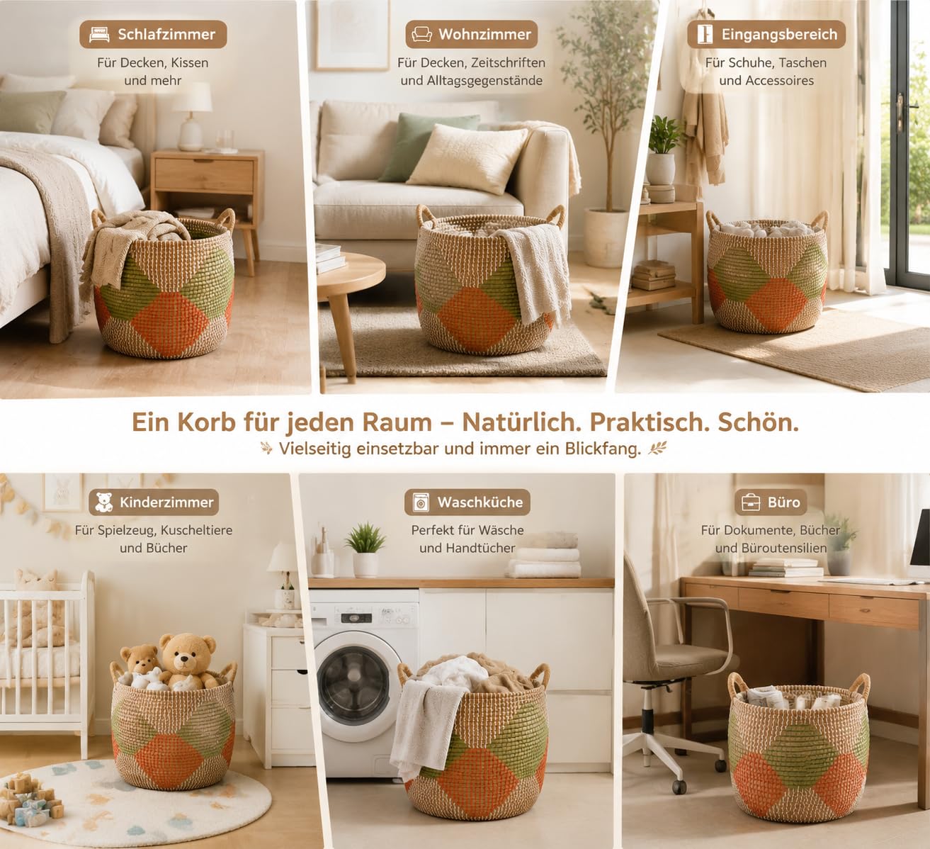 Seegras Korb 3er Set, Handgeflochtene Aufbewahrungskörbe aus Naturmaterial, Körbe für Bad, Wohnzimmer, Kinderzimmer