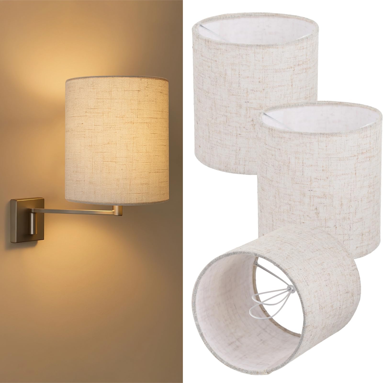 Set of 3 Clip-On Linen Fabric Lamp Shades - Traditional Elegant Shades for Wall, Table & Floor Lights (5" x 5.3" / 13cm x 13.5cm)