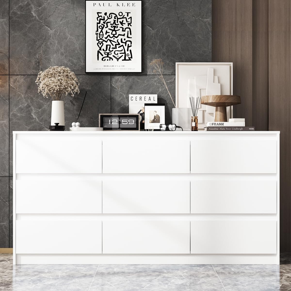 9 Drawer Dresser for Bedroom with Deep Drawers, Large Floor Wood Dressers & Chest of Drawers Handle Free, Modern White Long Dressers for Closet Living Room, Euro Slide (63"W x 15.7"D x 31.5"H)