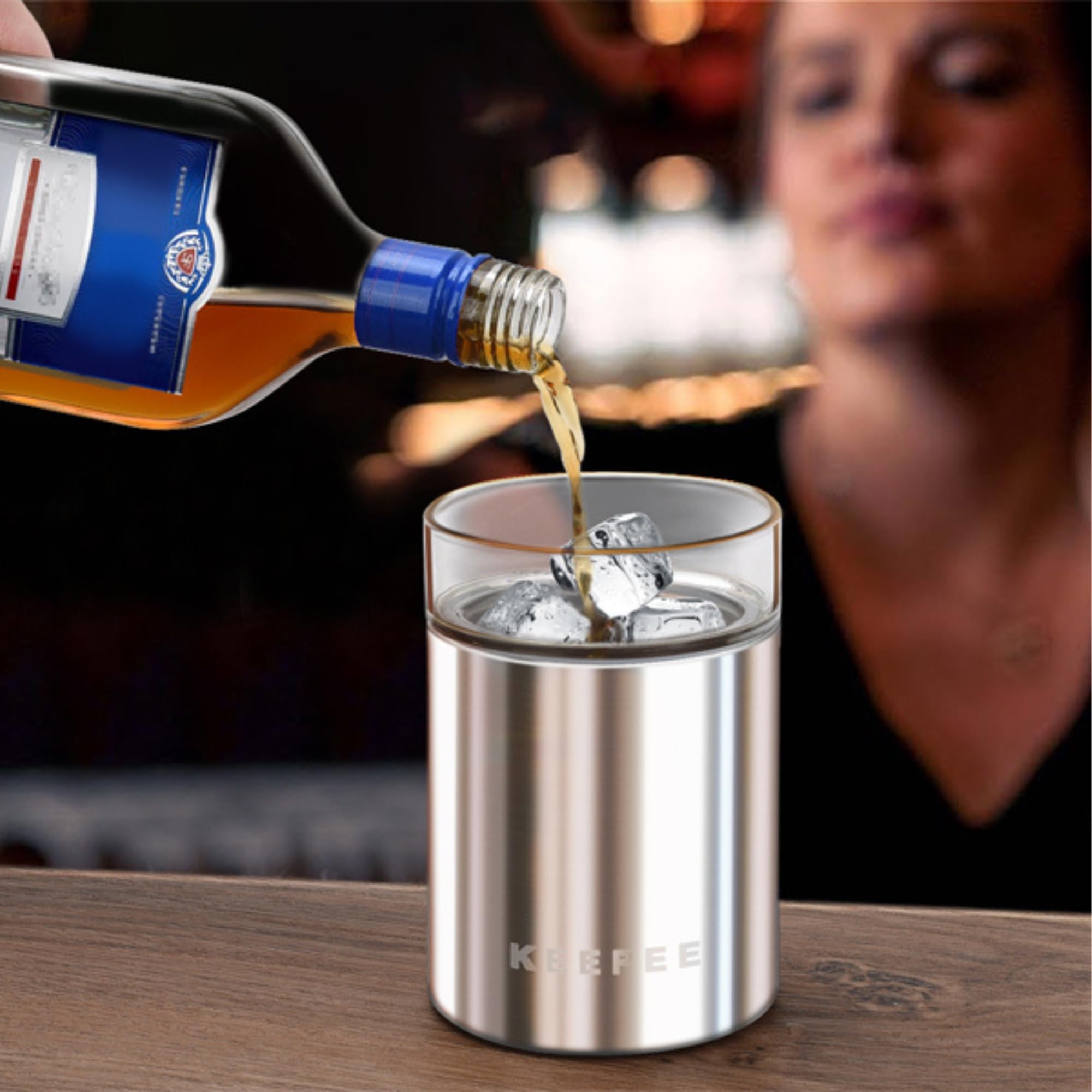 Vaso de whisky con base de acero inoxidable aislada al vacío, juego de 2, vaso aislado con inserto de vidrio extraíble, vaso de bola baja estilo antiguo para margaritas, bourbon de 10 onzas