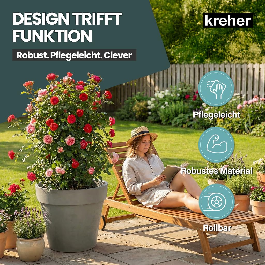 Kreher Macetero XXL con ruedas de 79 y 58 cm de diámetro, antracita y blanco. Macetero robusto, grande para flores, árboles, exterior e interior. (marrón, XXL de 79 cm de diámetro)