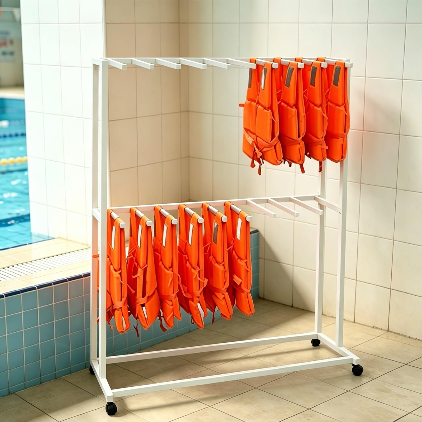 Estante de almacenamiento para chalecos salvavidas móvil de 2 niveles