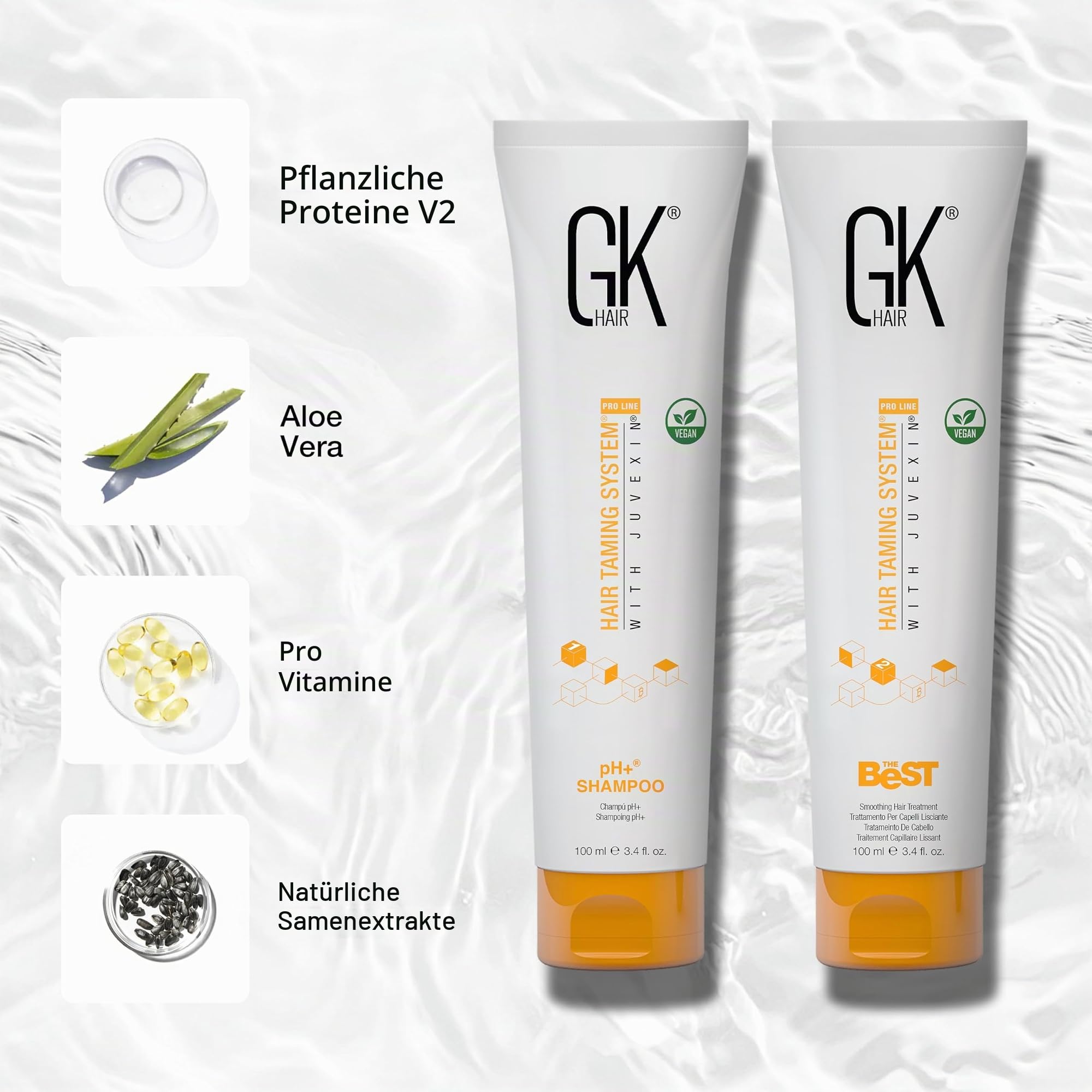 GK HAIR Global Keratin pH-neutrale Keratin Glättungsbehandlung (100 ml) + Klärendes Shampoo (100 ml), beste Glättung und Stärkung für gesundes Haar – alle Haartypen
