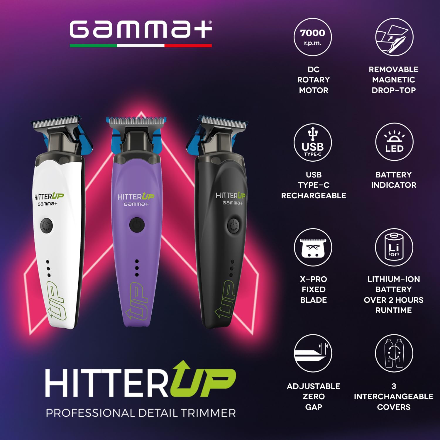 Gamma+ HITTER UP Trimmer Professionale per Contorni e Barba | Regolabarba e Rifinitore Capelli ad Alta Precisione | Motore Potente 7000 RPM | 2 Ore di Autonomia | Pettini Magnetici | Ricarica USB-C