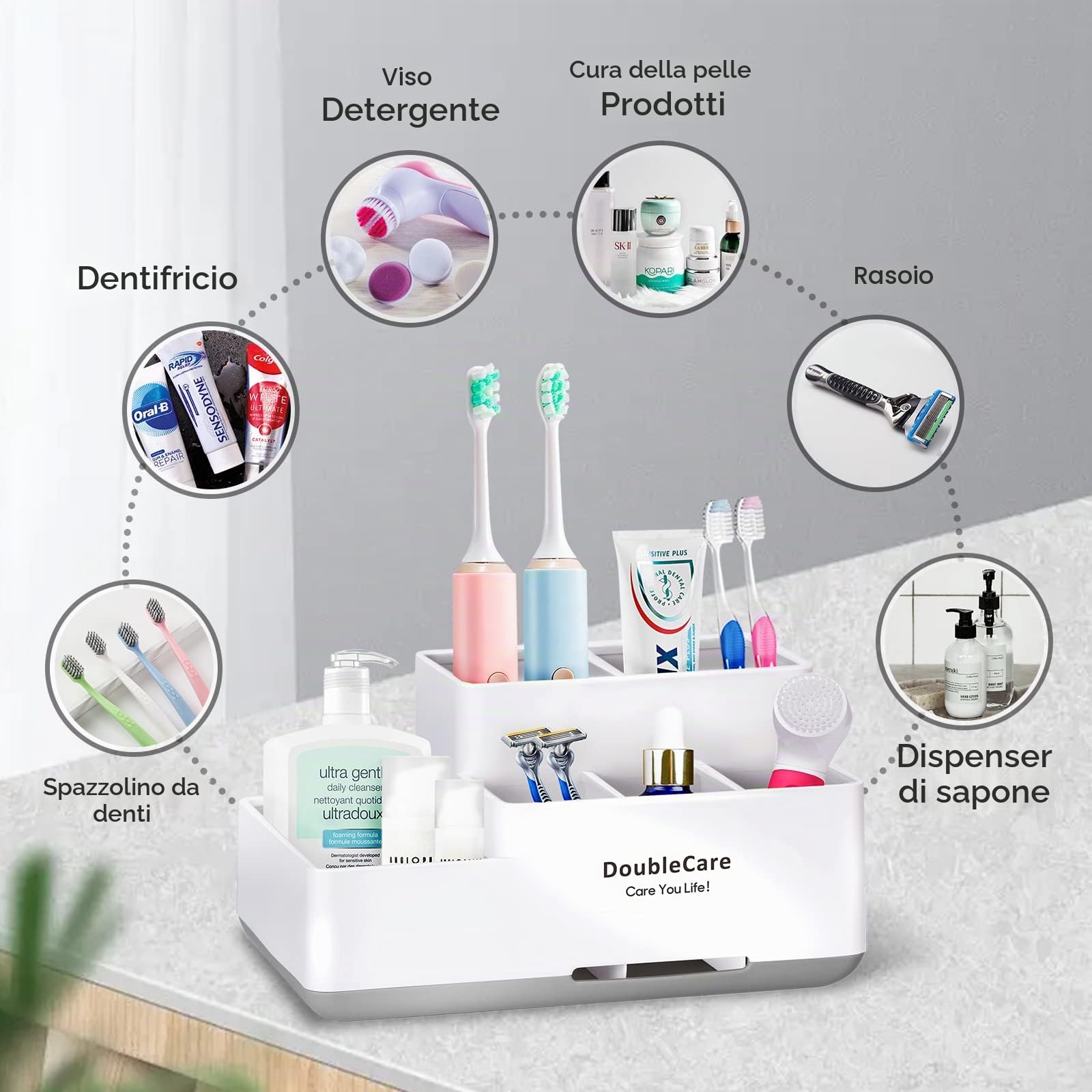 Portaspazzolino con antiscivolo, organizer da bagno rimovibile, portaoggetti multifunzionale, contenitore per dentifricio, rasoio
