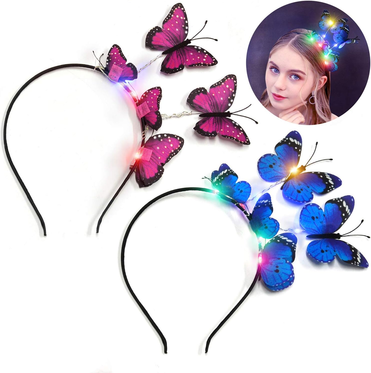 LED Women Butterfly Headband,Aniwon 2 PCS Light Up Party Headbands Hair Band Fashion Headbands for Girls Hair Accessories Wedding Halloween Party Supplies