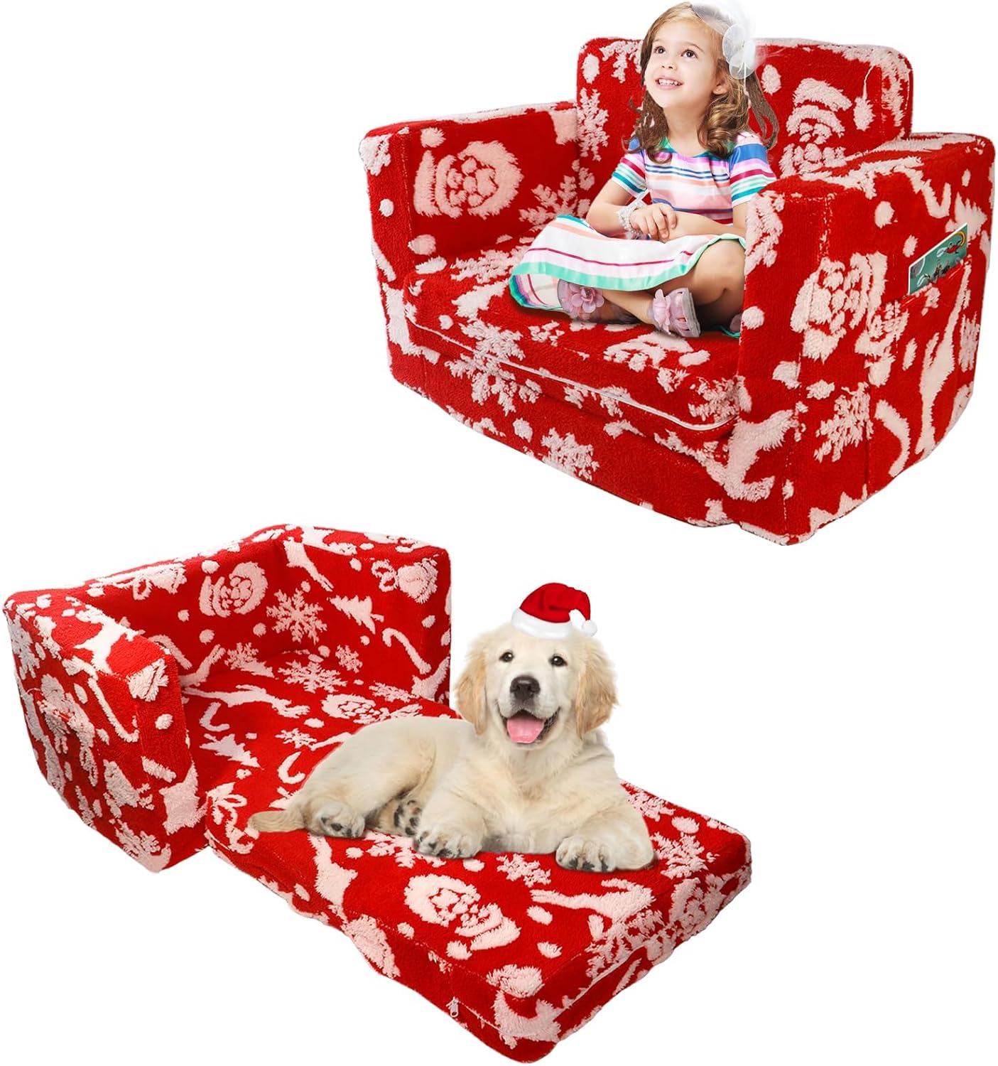 Kids Couch, 2-in-1 Toddler Sofa Fold Out, Comfy Toddler Sofa, Convertible Kids Couch to Lounger, Gifts for Boys Girls Gifts, Sofas Bed for Bedroom Dogs Cats Pets