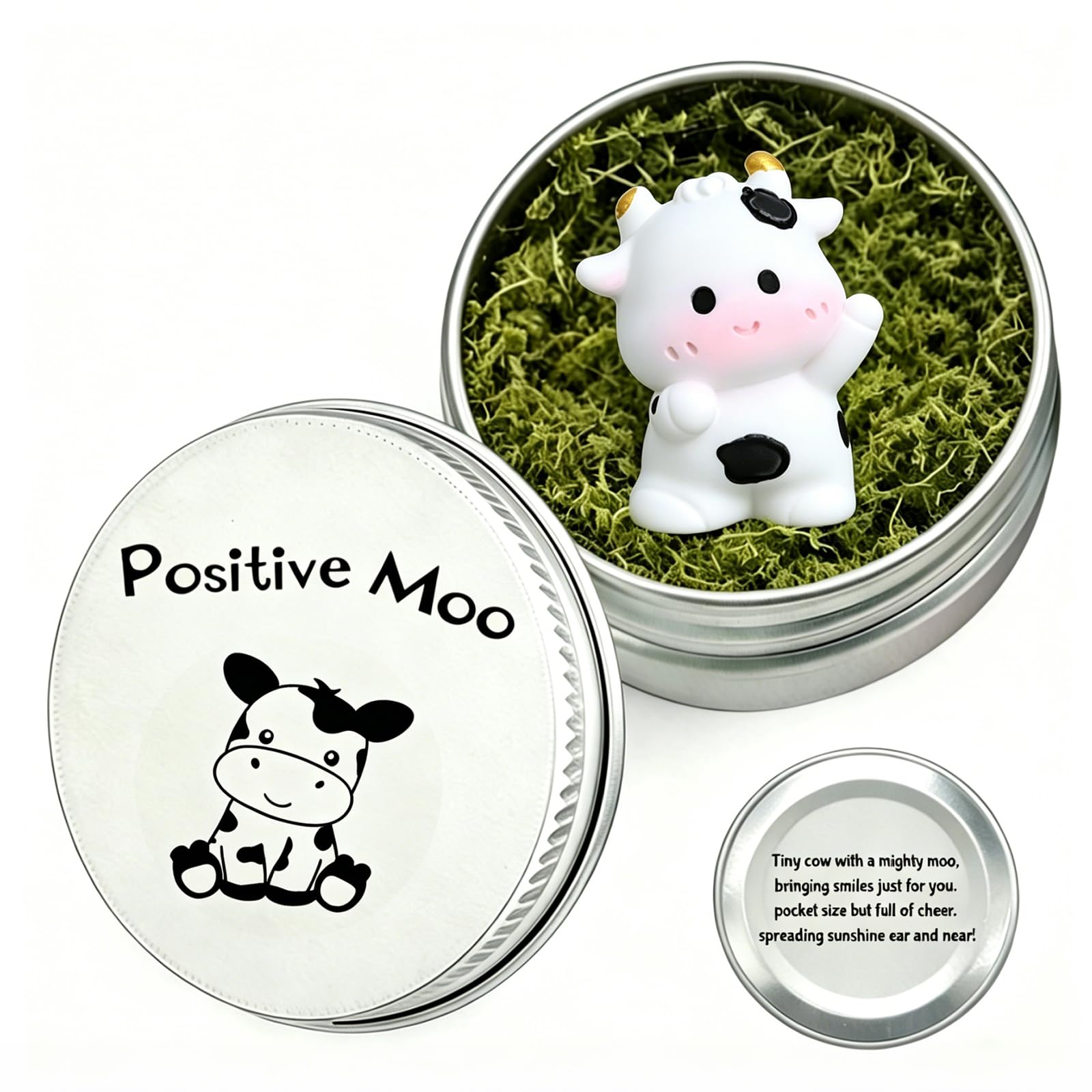 PHIOMUUE Tiny Resin Cow Figurine in a Tin | Miniature Resin Animals Desk Decor | Pocket Size Resin Cows with Positive Moo Message in a Tin for Friends, Coworkers,Small R-esin Animals Collectible