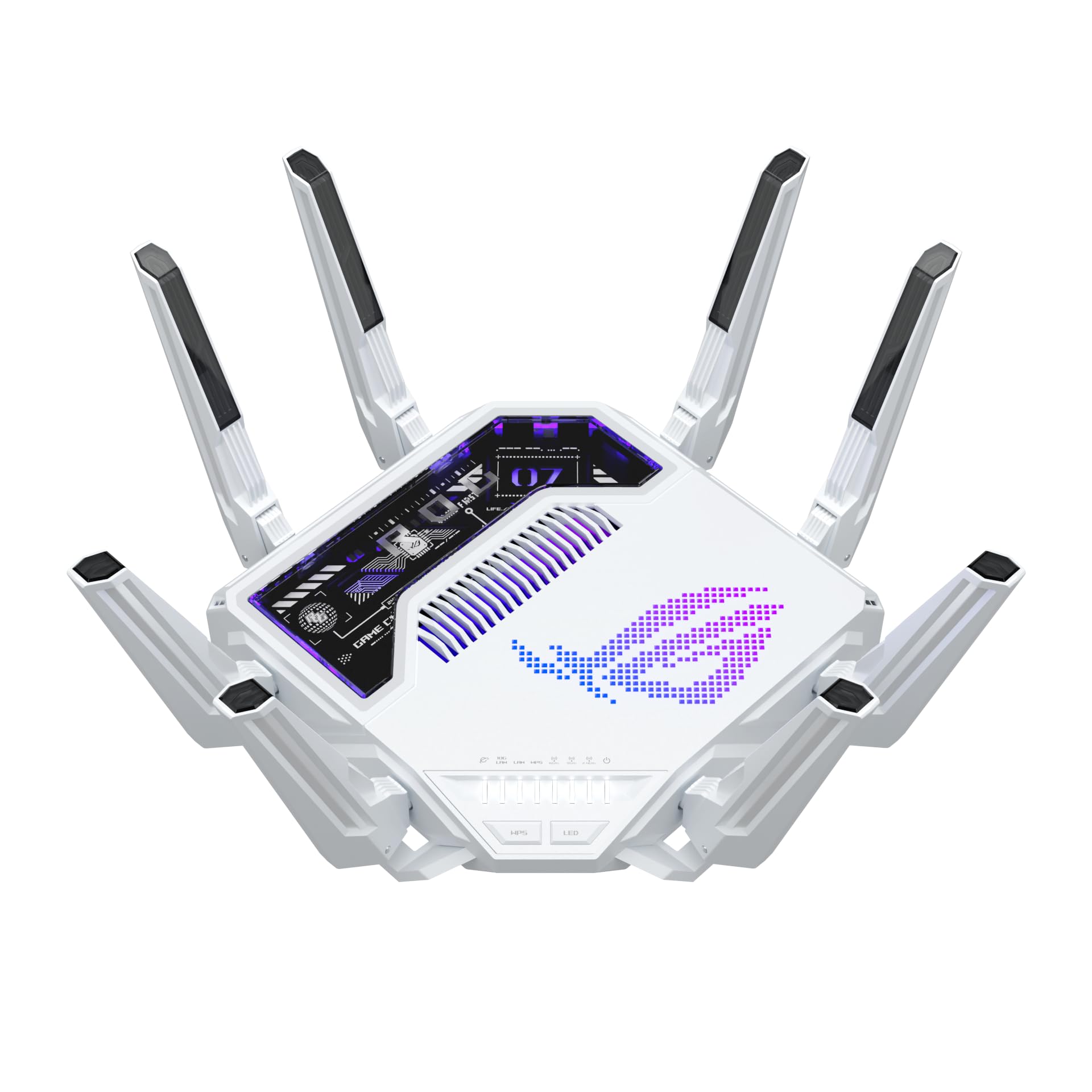 ASUS GT-BE19000AI Router de Juego AI Tri-Band WiFi 7 (802.11be), Ancho de Banda de 320 MHz y 4096-QAM, MLO, Dos Puertos 10G, AI Game Boost, Red de Juegos, Aura RGB, Soporte AiMesh, Guest Network