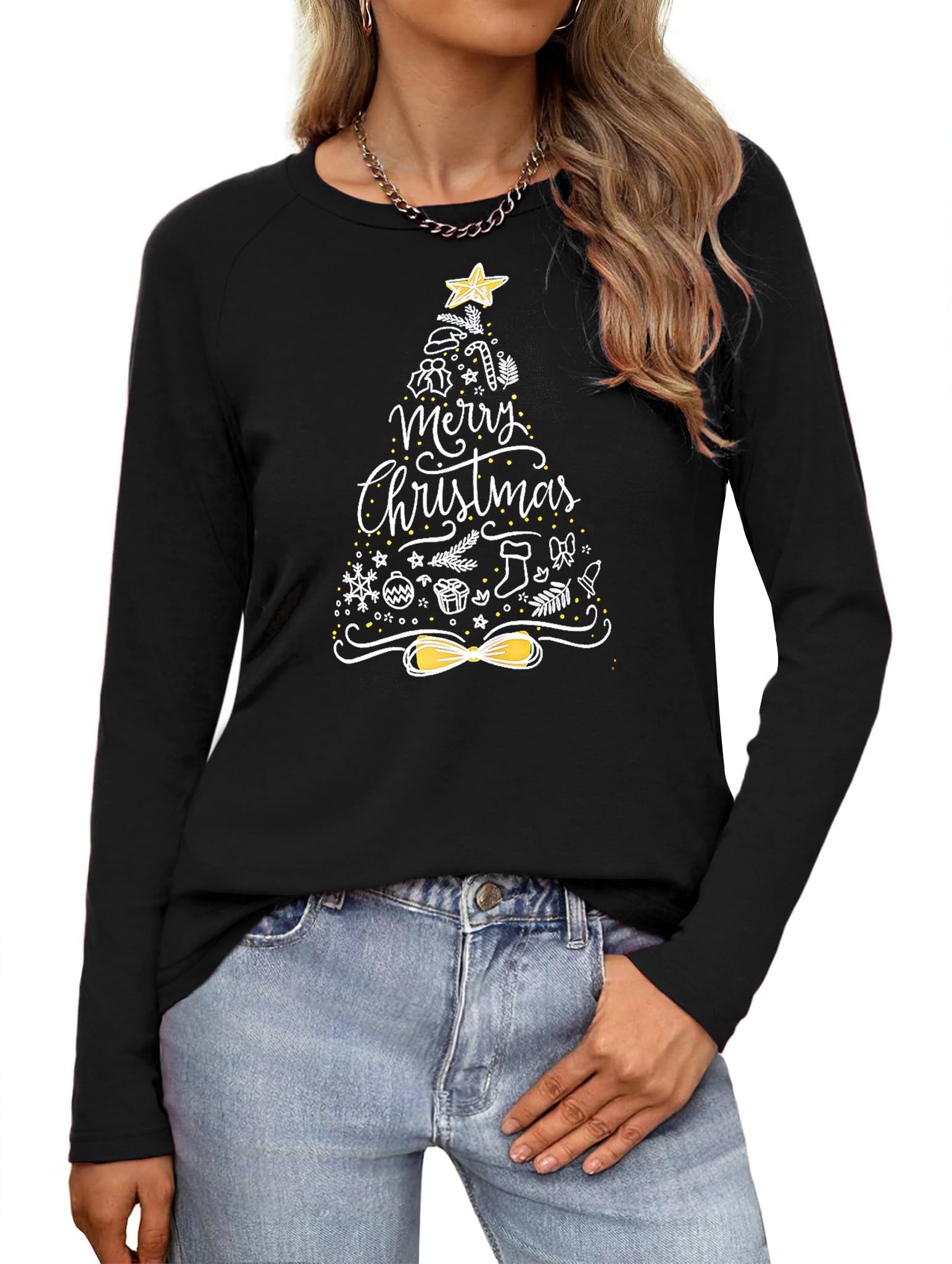 Wayleb Weihnachtsshirt Damen V-Ausschnitt Rundhals Langarmshirt Weihnachts Oberteil Damen Shirt Bluse Weihnachten Lustig Elegant T-Shirt Festlich Casual S-3XL