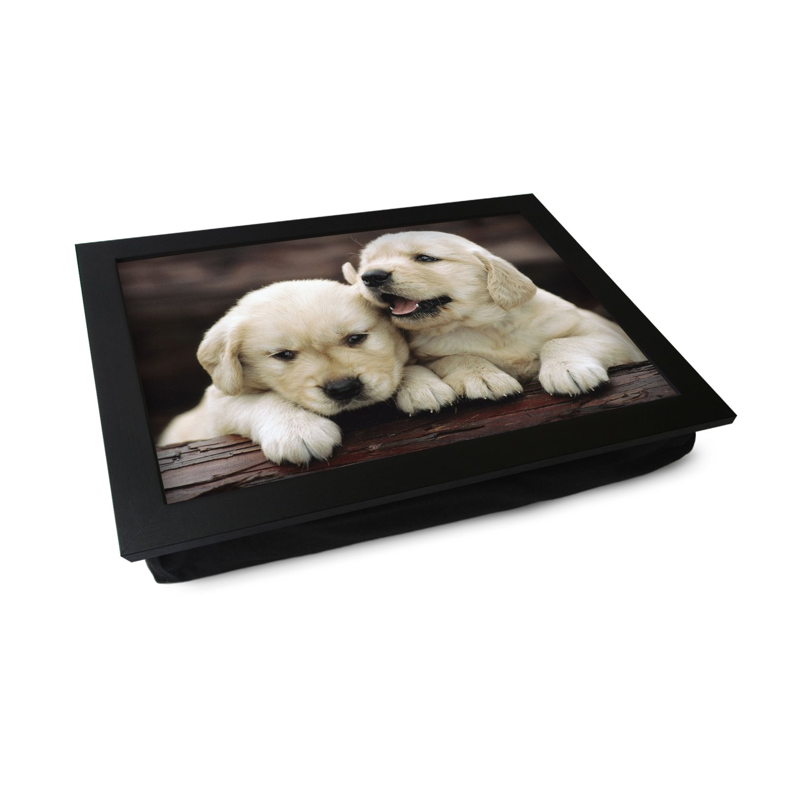 Extra Large Portable Lap Desk Tray (Golden Retriever Puppies) Wide Multi Purpose | Handmade Large Wooden Frame, Big Beanbag Cushion Bottom | Computers, Laptops, Meals, Food | 49.8cm | XL2 Black