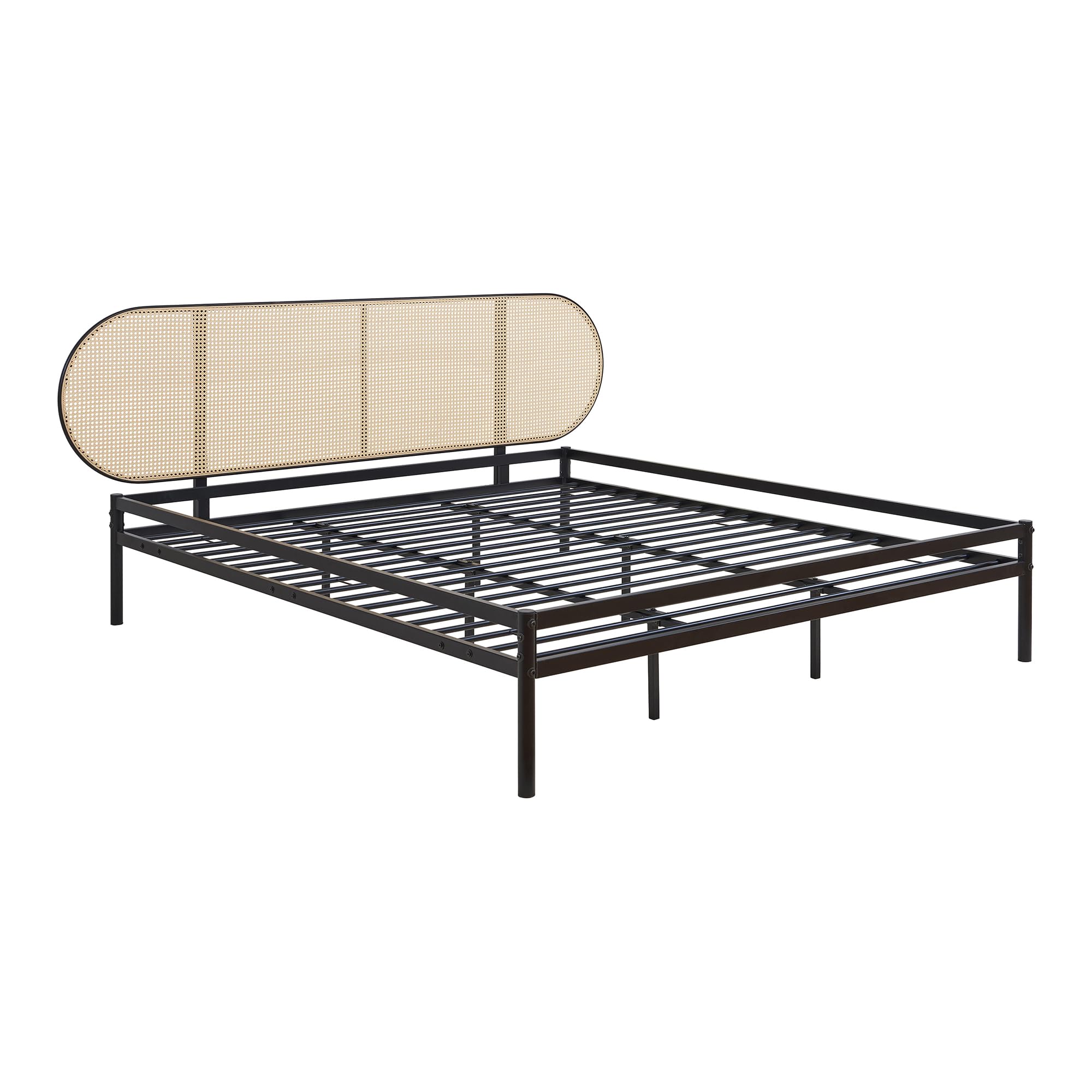 [en.casa] Bett Linköping 180 x 200 cm Bettgestell und Lattenrost Metallbett mit ovalem Kopfteil Doppelbett max. 300 kg Schwarz mit Rattanoptik