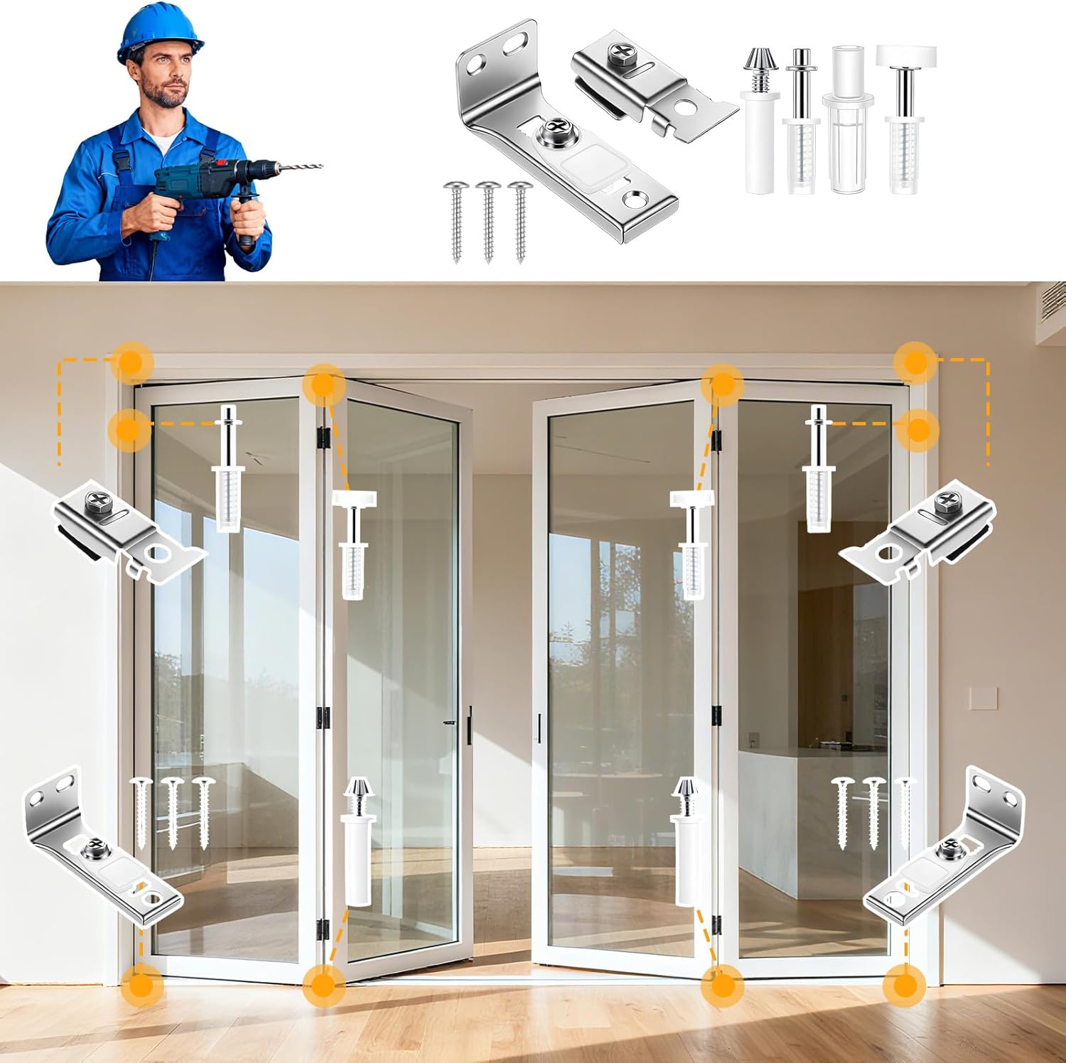 4 Pack Bifold Door Hardware Repair Kit, Replacement Parts for Bifold & Sliding Closet Doors, Includes Top & Bottom Brackets, Pivots, Guides Wheel