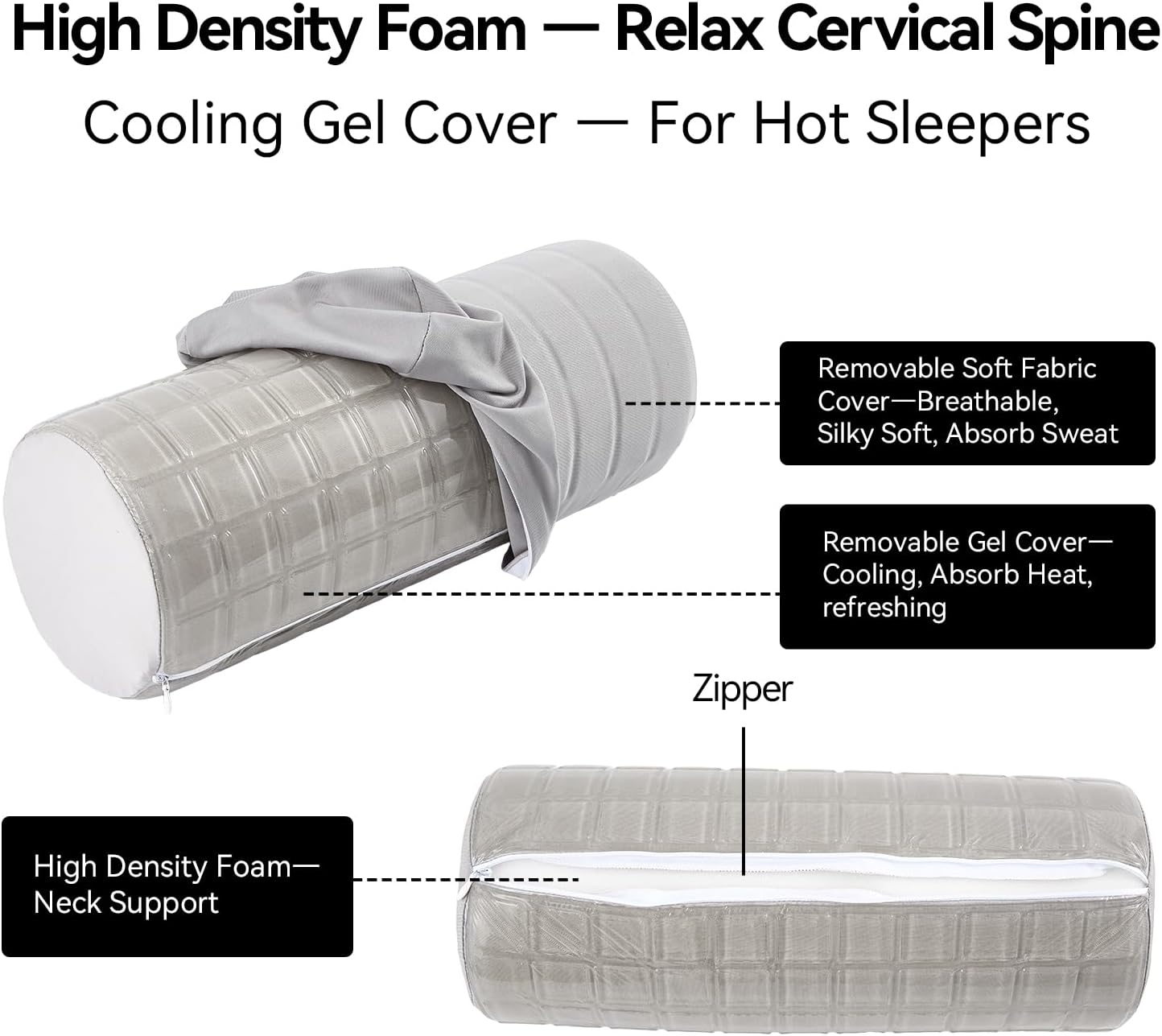 Cervical Roll Pillow With Cooling Gel Cover, Cooling Pillow for Hot Sleepers, Small Neck Roll Pillow, High Density Foam Neck Round Pillow for Sleeping, Cylinder Bolster Pillow for Bed, Legs and Back - Image 2