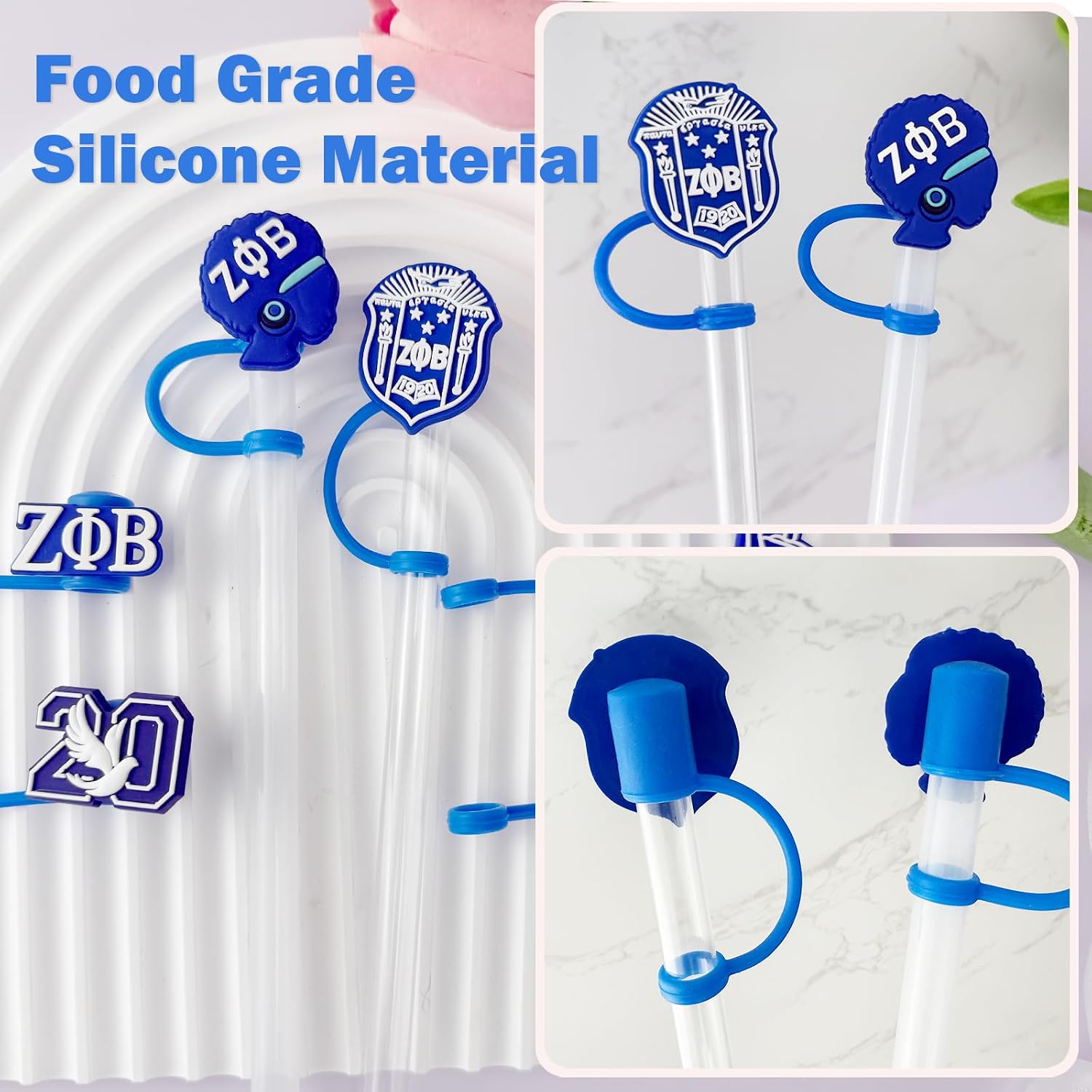 8PCS ZPB Sorority Accessories for Stanley Cup, 6pcs Silicone Straw Cover Toppers Royal-Blue 10mm With 2PCS Cup Charms for Yeti Tumblers Water Bottle 30&40 Oz Keychain Cute ZPB Theme Gifts