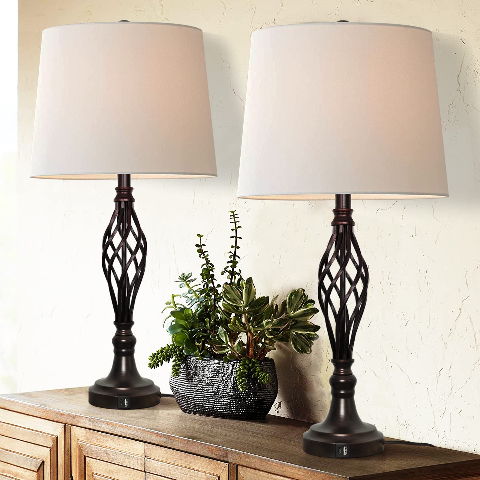 QIANLU Table Lamps Vintage Bedside Lamp with Dual USB Charging Ports for Living Room Set of 2, Farmhouse Nightstand Lamps, 28.75'' Retro Lamp with Spiral Cage Design Base for Bedroom, Guest Room