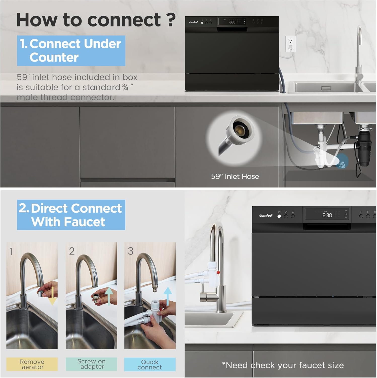 COMFEE’ Countertop Dishwasher, Energy Star Portable Dishwasher, 6 Place Settings & 8 Washing Programs, Speed, Baby-Care, ECO& Glass, Dish Washer for Dorm, RV& Apartment, Black