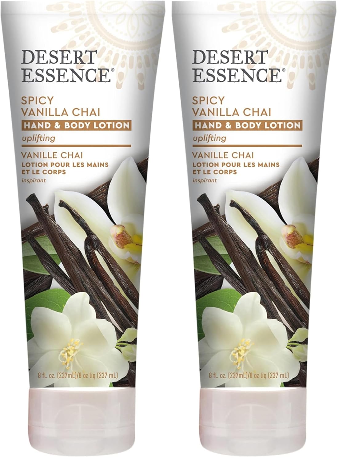 Desert Essence Spicy Vanilla Chai Hand & Body Lotion - 8 Fl Ounce - Uplifting - Smoothes & Softens Skin - No Greasy Residue - Aloe Vera - Shea Butter - Vitamin E (Pack of 2)