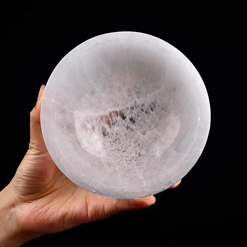 AMOYSTONE Bandeja de carga de cristales naturales de 5.5 pulgadas, cuenco redondo de selenita creativo, cuencos de almacenamiento de joyas para