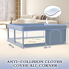 XVISHX 50 x 50 Inch Baby Playpen with Mat, Playpen for Babies and Toddlers, Baby Playard for Indoor & Outdoor Active Center Game Fence, with Skin-Friendly Fabric and Soft Breathable Mesh, Grey