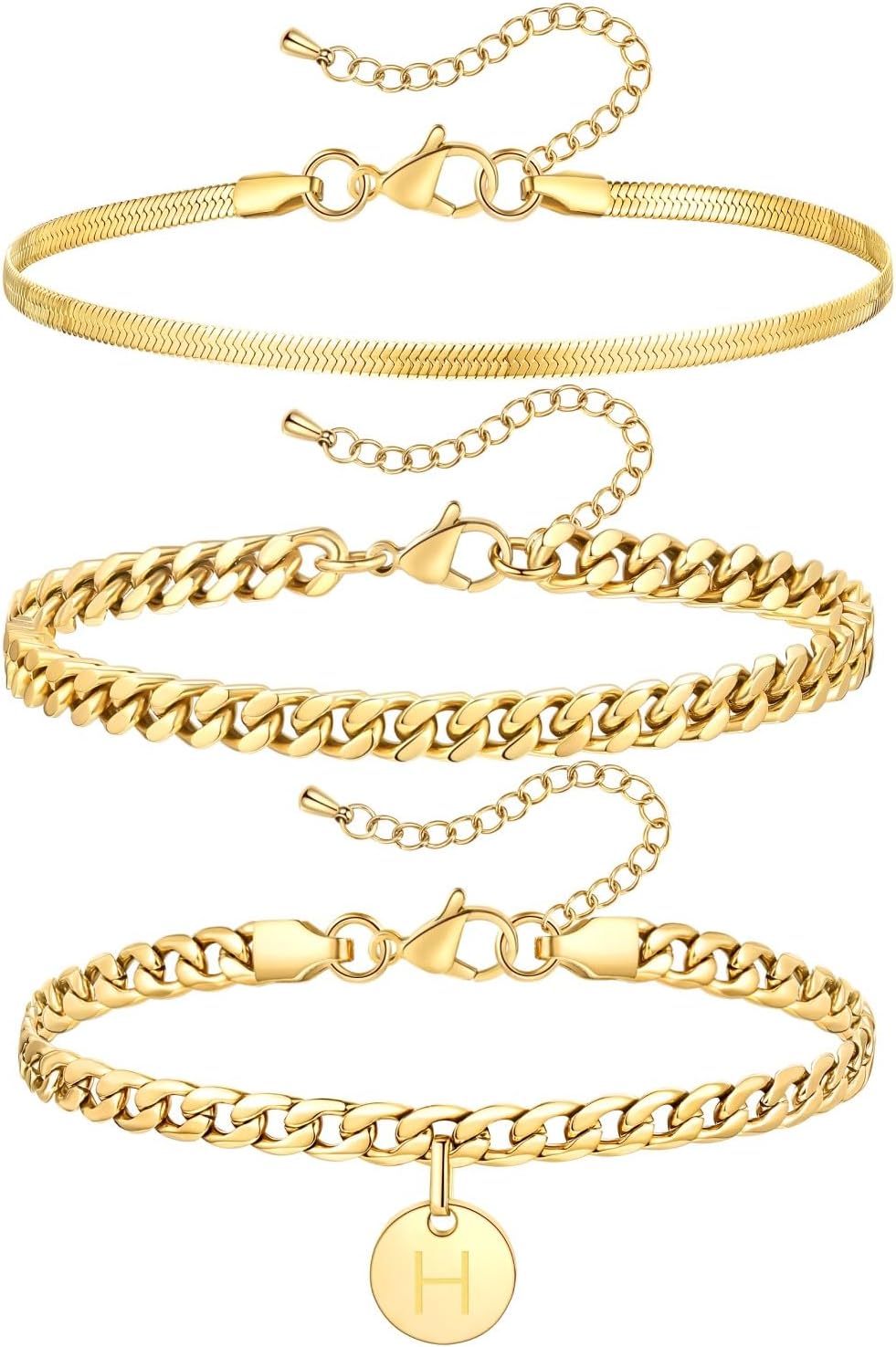 Gold Initial Ankle Bracelets for Women, 14k Gold Plated Surgical Stainless Steel Anklets for Women 3Pcs Waterproof Layered Cuban Link Herringbone Anklets Set