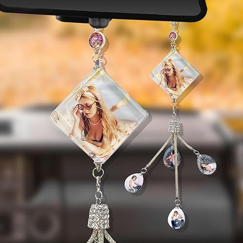 Miniatura 3 de Adornos colgantes de cristal con foto personalizada para automóvil, accesorios personalizados para espejo retrovisor para mujeres y hombres