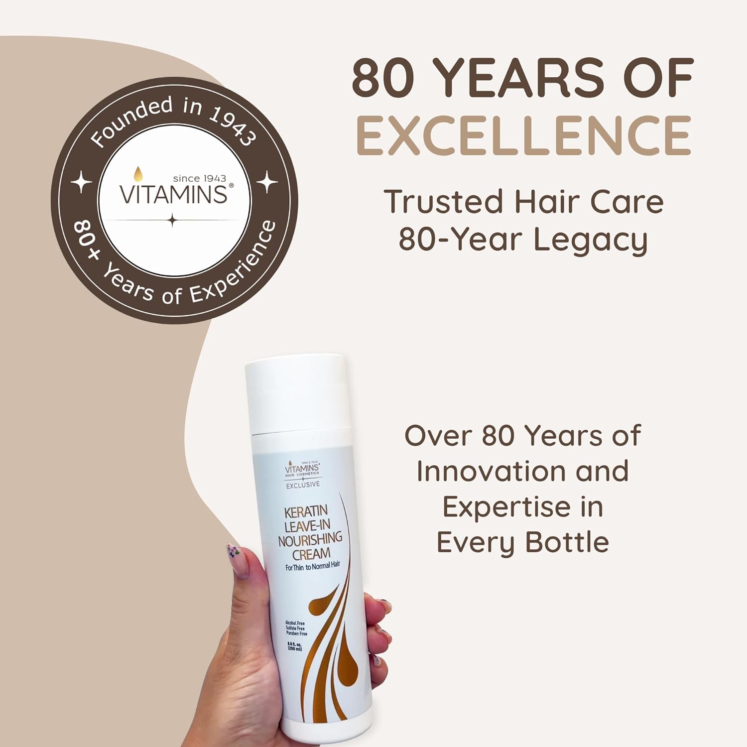 VITAMINS hair cosmetics Keratin Leave In Conditioner for Thin Hair - Lightweight Moisturizer & Hydrating Detangler Cream for Dry Damaged Hair - Frizz Control & Sulfate Free - 8.5 Fl Oz - Image 3