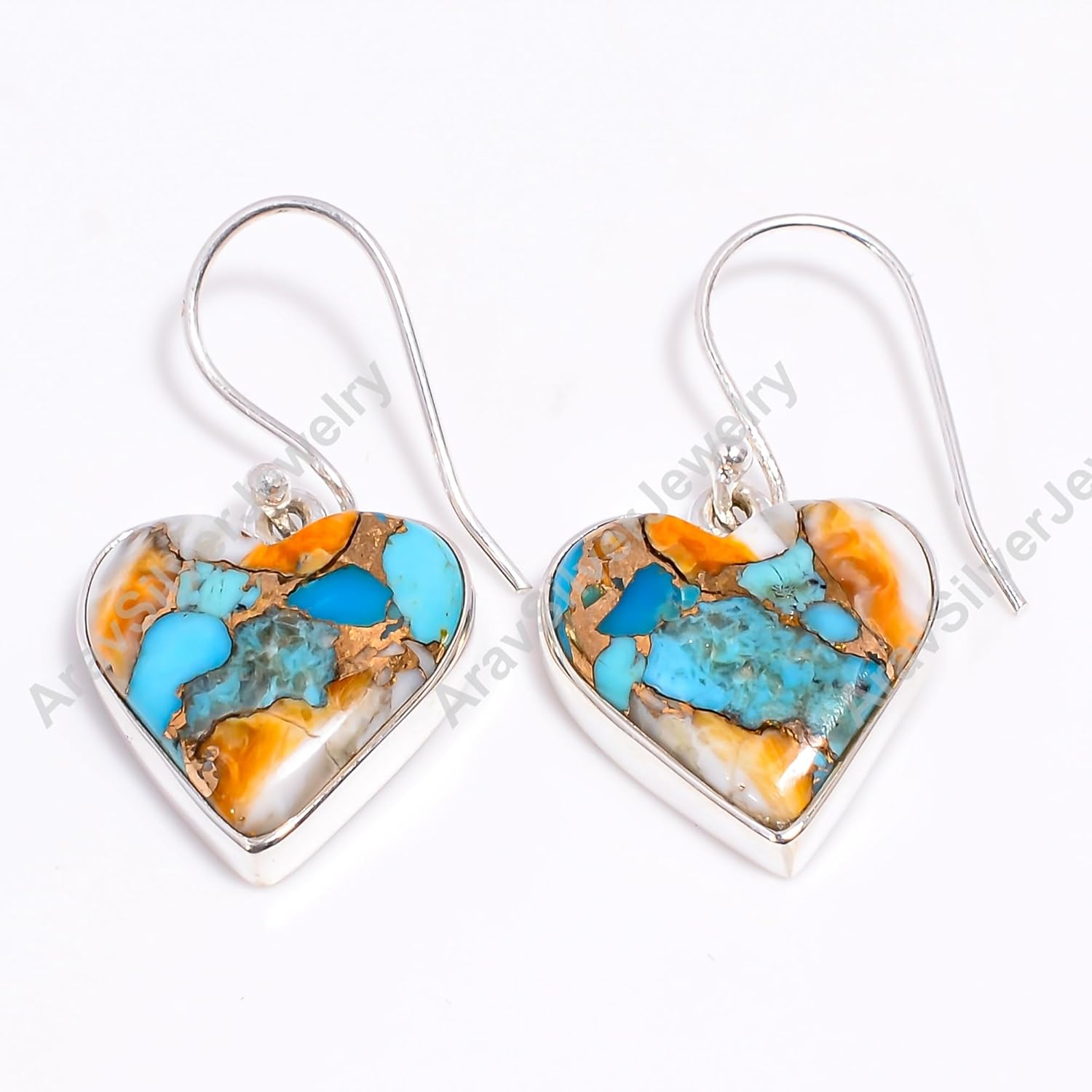 Natural Orange Spiny Oyster Turquoise Gemstone Solid 925 Sterling Silver Handmade Orange Heart Shape Stone Dangle Earrings for Women Gift for Her