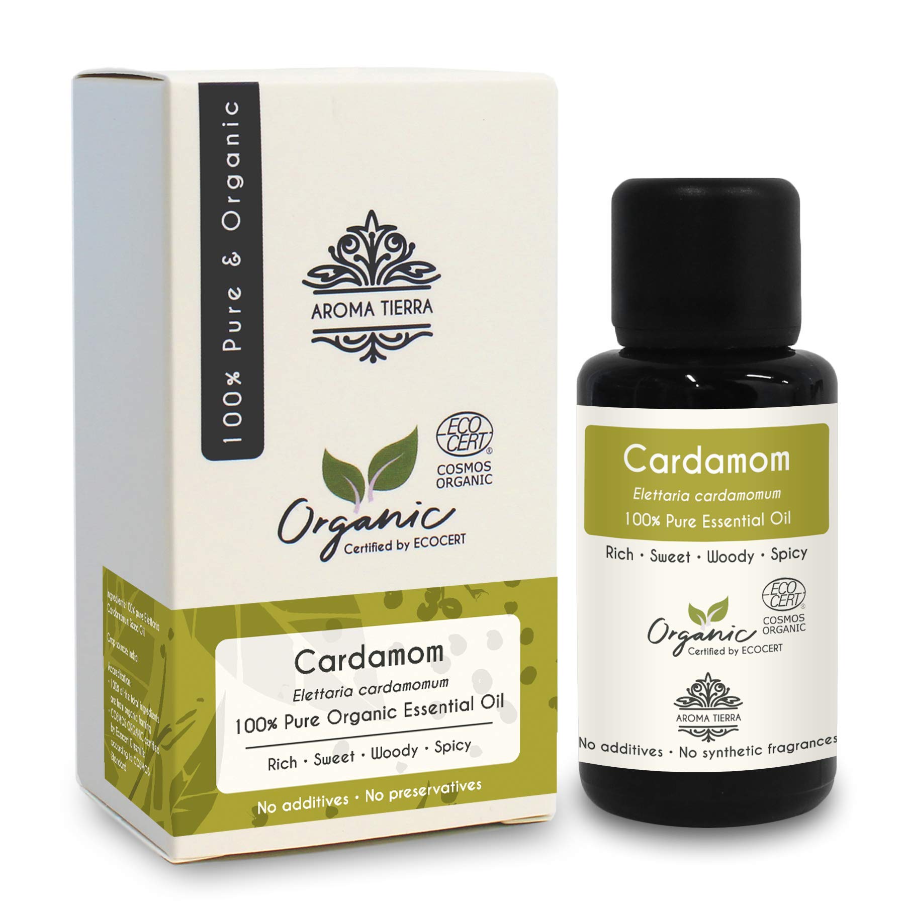 Aroma Tierra Cardamom Essential Oil - - 100% Pure, Natural, Certified Organic by ECOCERT - 30ml