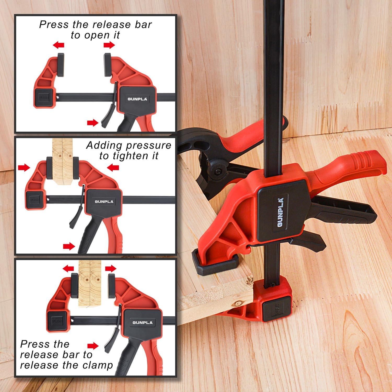 Gunpla 4Pcs Bar Clamps Set Adjustable 12-Inch Woodworking Spreader Bars, 150lbs Load One-Handed Quick Grip Release Clamping Jaws Holding, with 6-Inch Spring Clamp Tools