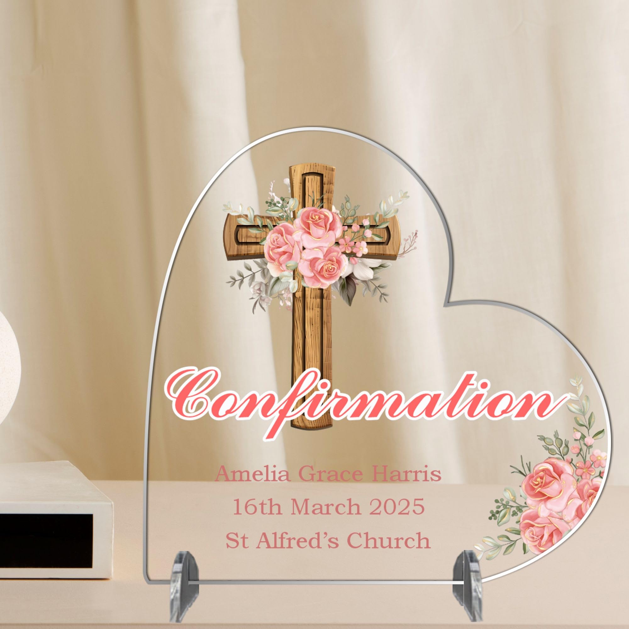 Elegant Baptism Keepsake - Personalised Christening, Communion or Confirmation Heart Plaque - Custom Religious Gift with Floral Cross (Confirmation, Acrylic - Small - 8.5cm x 8cm)