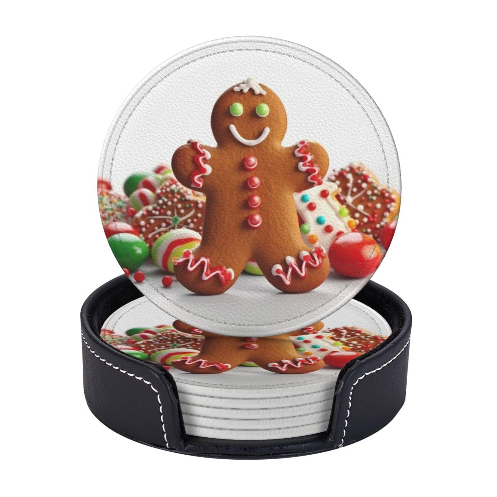 6Pcs PU Leather Coaster for Drinks, Gingerbread Man Candy Cup Coasters with Holder, Aesthetic Drink Coasters for Coffee Table, Round Coaster for Tabletop Protection 4" Cup Mat Pad