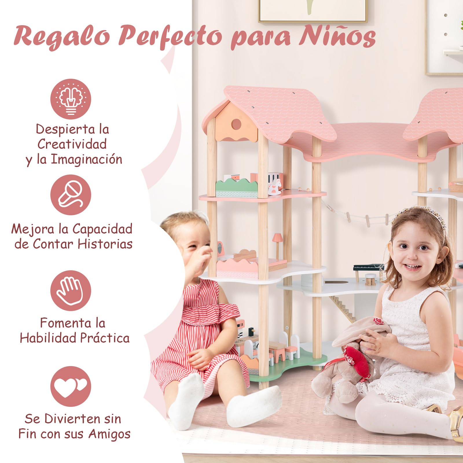 COSTWAY Casa de Muñecas de Madera, Casita Infantil de 7 Habitaciones y 3 Niveles con 32 Piezas de Accesorios de Muebles Realistas, Techos, para Muñecas de 8-15 cm