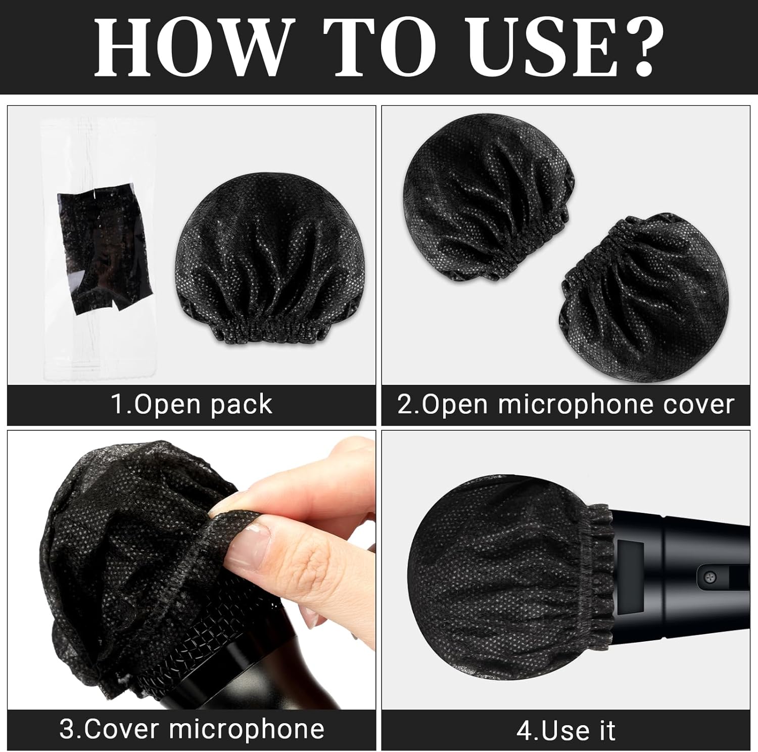 Buryeah 1400 Pcs Disposable Microphone Cover Non Woven Handheld Microphone Windscreen with Elastic Band Individually Wrapped Mic Cover for KTV Recording Studio Karaoke Stage Performance (Blacks)